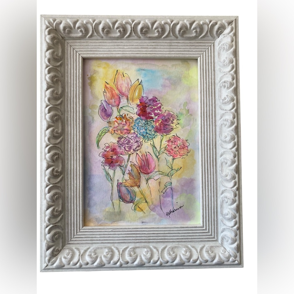 Elegant Floral Watercolor in Ornate Frame